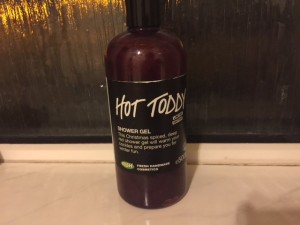 A tall cylindrical clear plastic bottle full of some shimmering dark red liquid with a label that has Hot Toddy Shower Gel written in bold black writing on it, on a white background.
