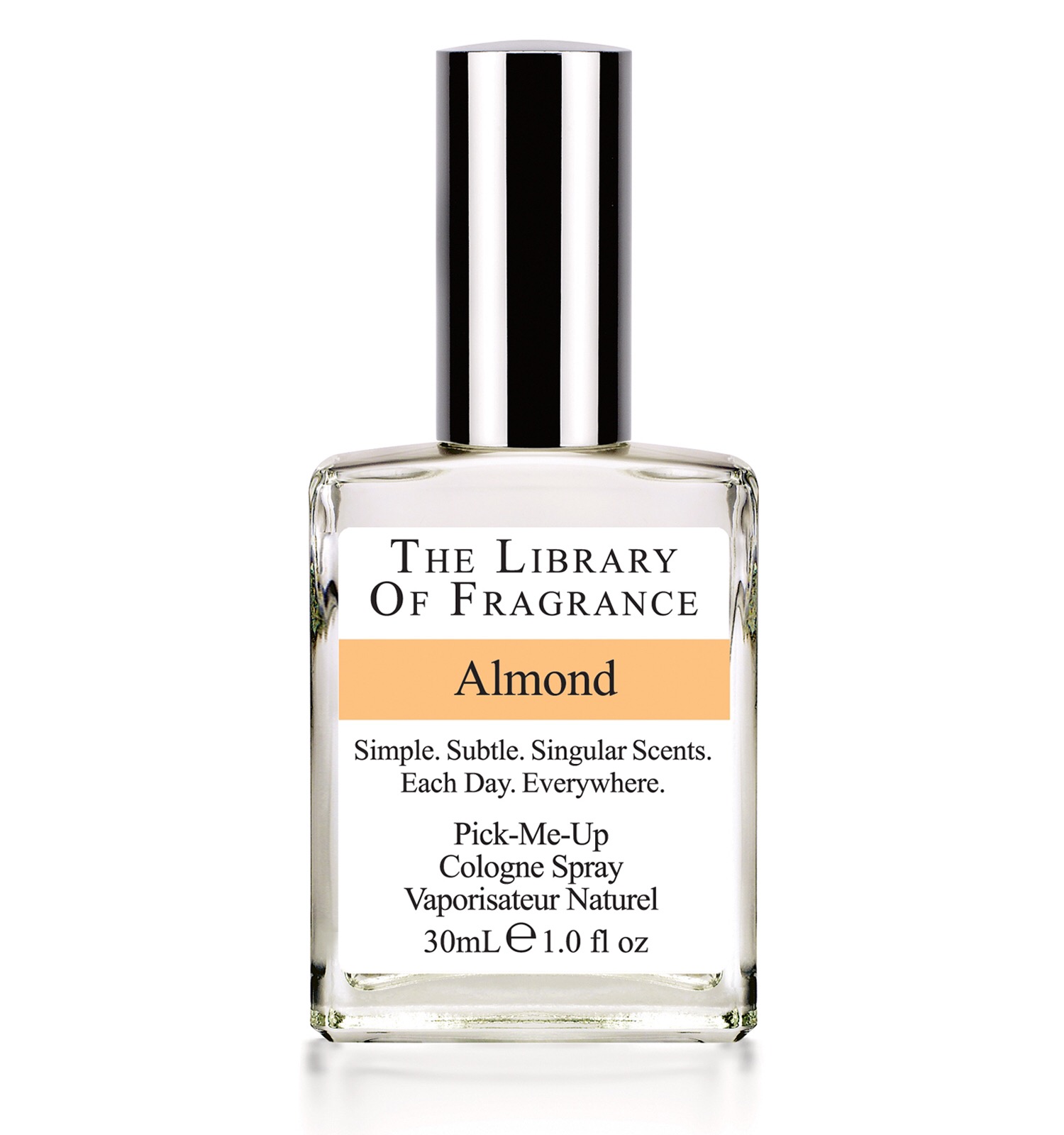 A clear glass perfume bottle with the library of fragrance written on a white label, and Almond written on a yellow strip, on a white background.