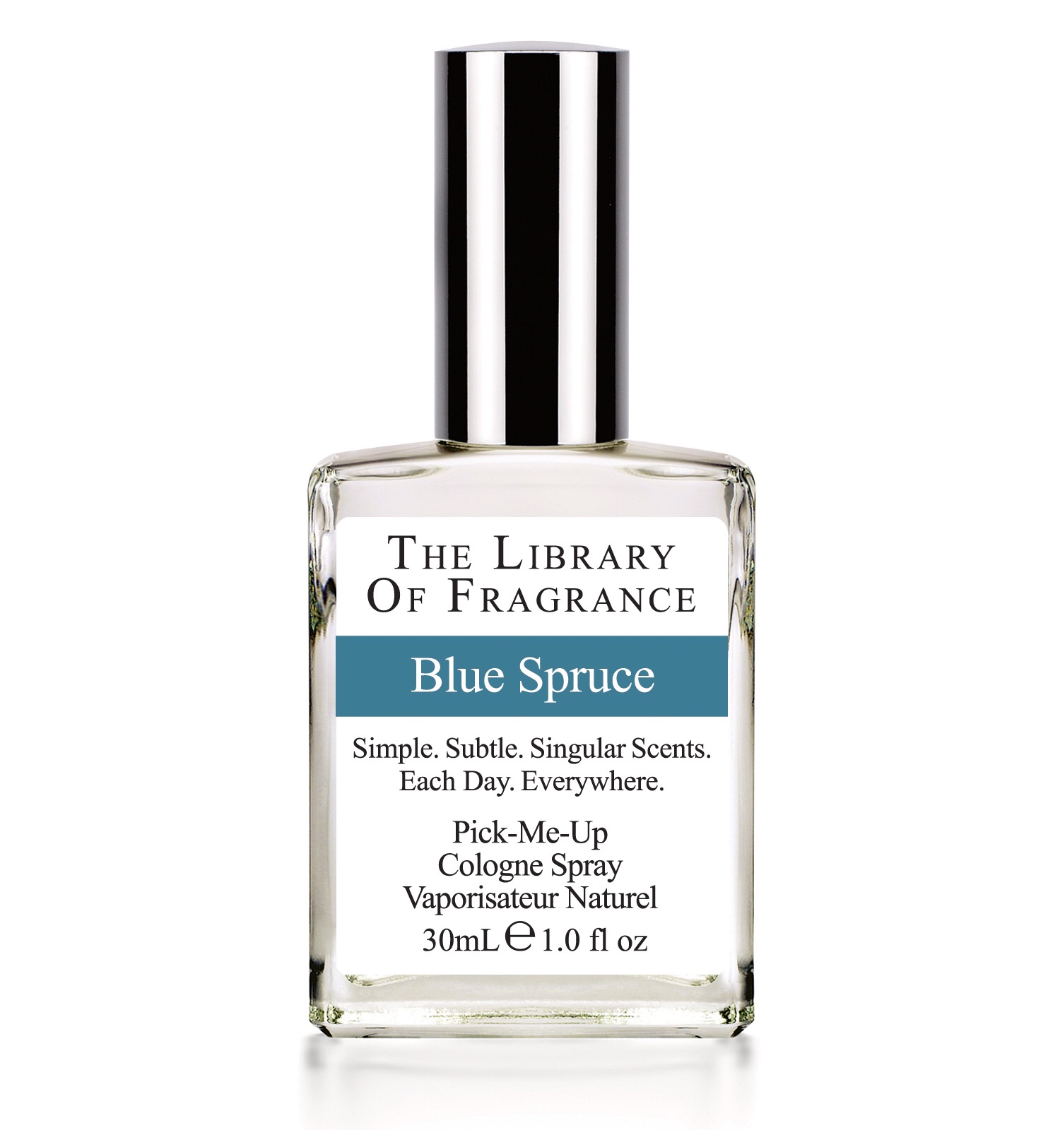 A clear glass perfume bottle with the library of fragrance written on a white label, and blue spruce written on a turquoise strip, on a white background.