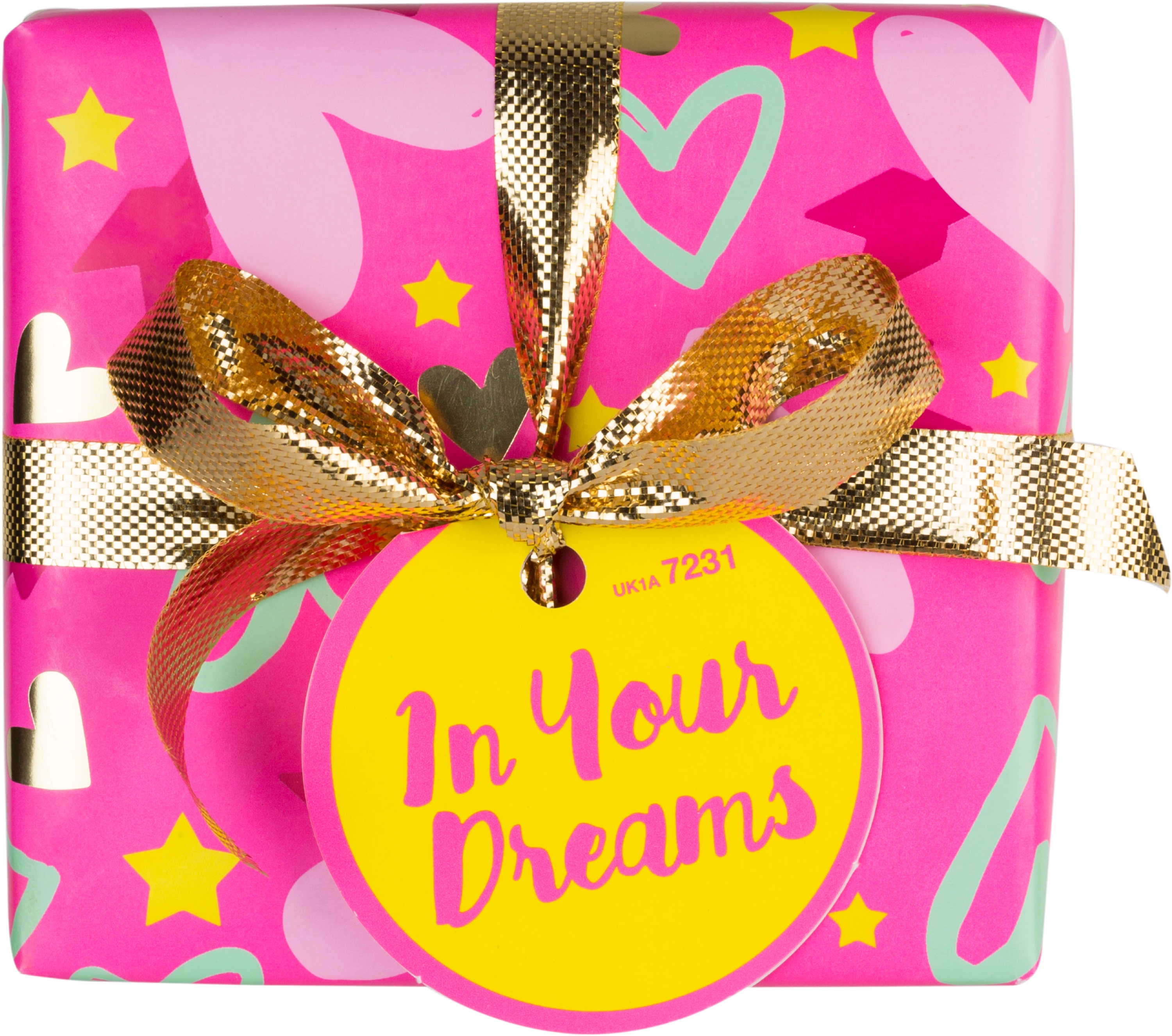 A pink square box with white details, gold stars, and a long pale pink ribbon with a gold label on it that says in your dreams written in pink writing on the label, on a white background.