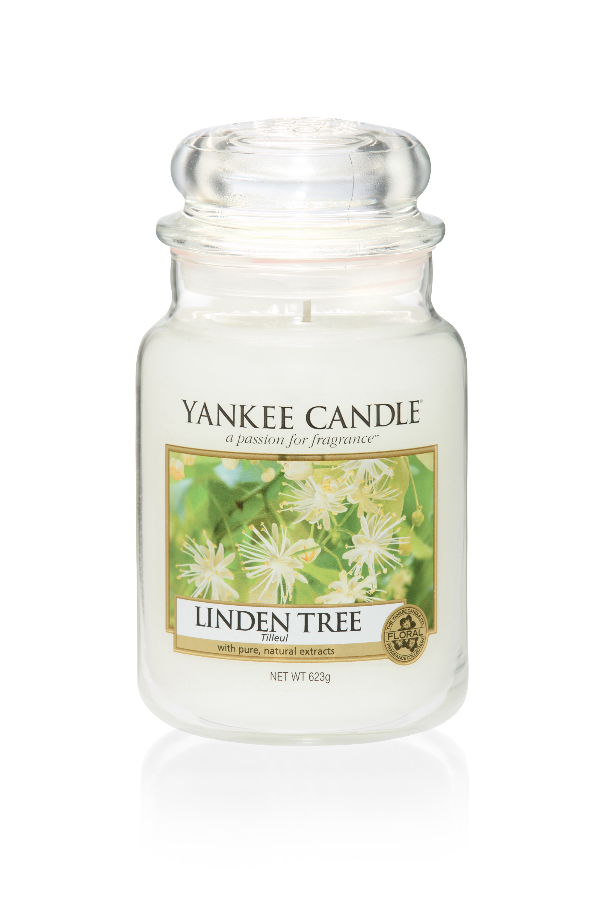 A tall glass jar full of white wax with a label that has Yankee Candle Linden Tree written in black writing and a picture of some trees on it, on a white background.