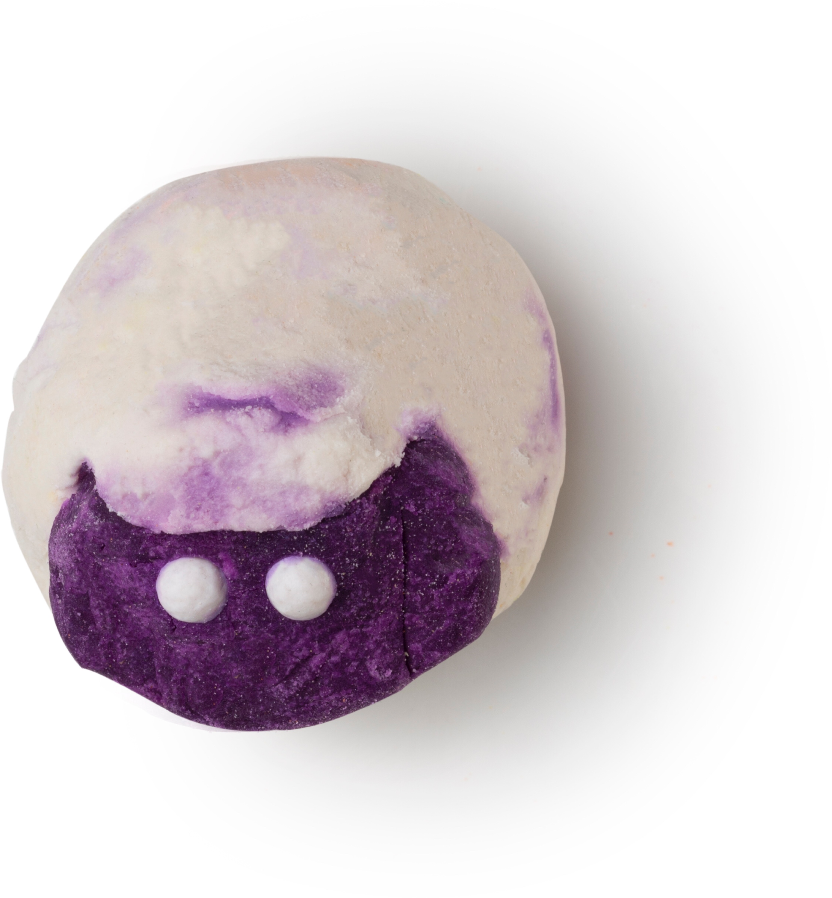 A white oval bubble bar with a brown patch for its head, two white dots for it's eyes, and curly markings for it's ears, on a white background.