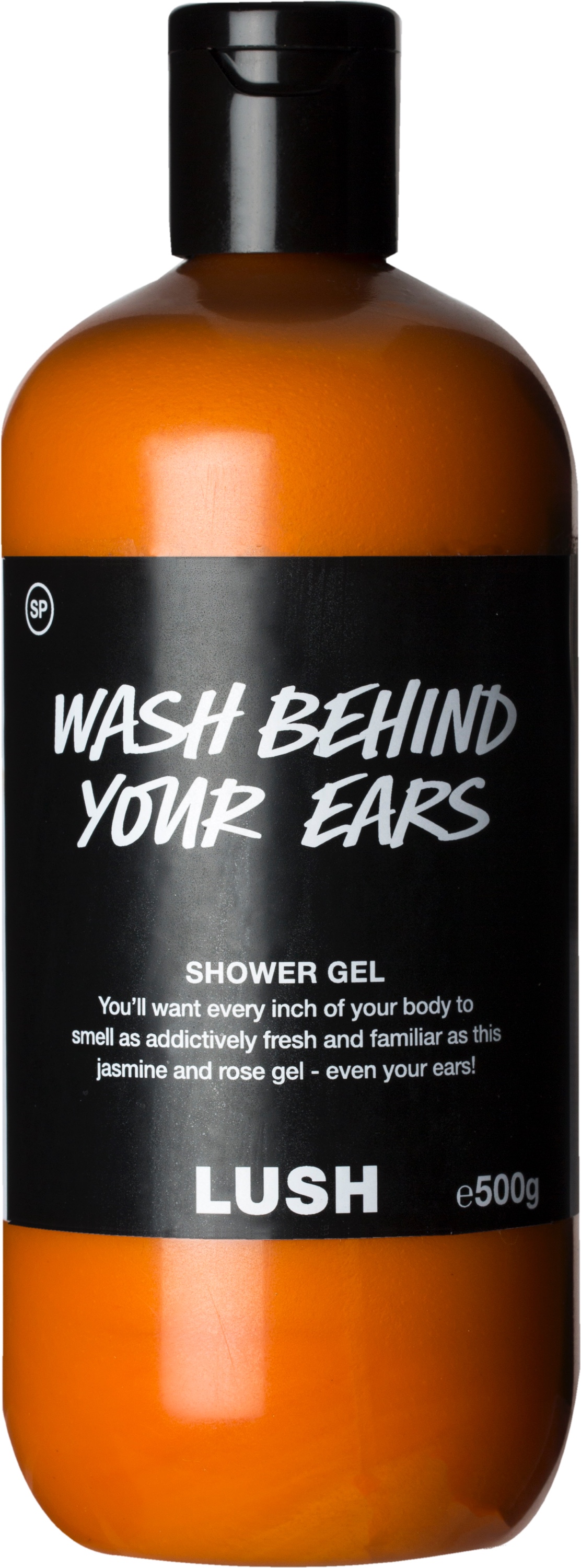 A tall cylindrical bottle filled with bright Orange shower gel, with a label that has Wash Behind Your Ears written on it in white writing, on a white background.