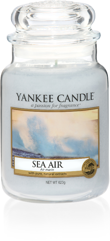 A tall glass jar full of light blue coloured wax, with a label that has a picture of some fog above the Sea, and Yankee Candle and Sea Air written in black writing on it, on a white background.