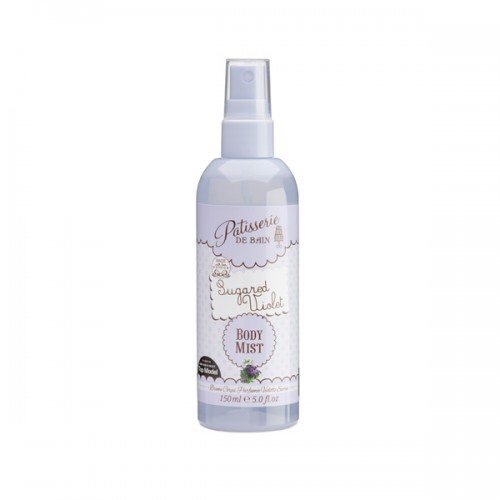 A white cylindrical spray bottle that has Patisserie De Bain and sugared violet written in pink and purple writing inside a light purple bubble and body mist written in white writing inside a blue bubble with a picture of a Violet on it, on a white background.