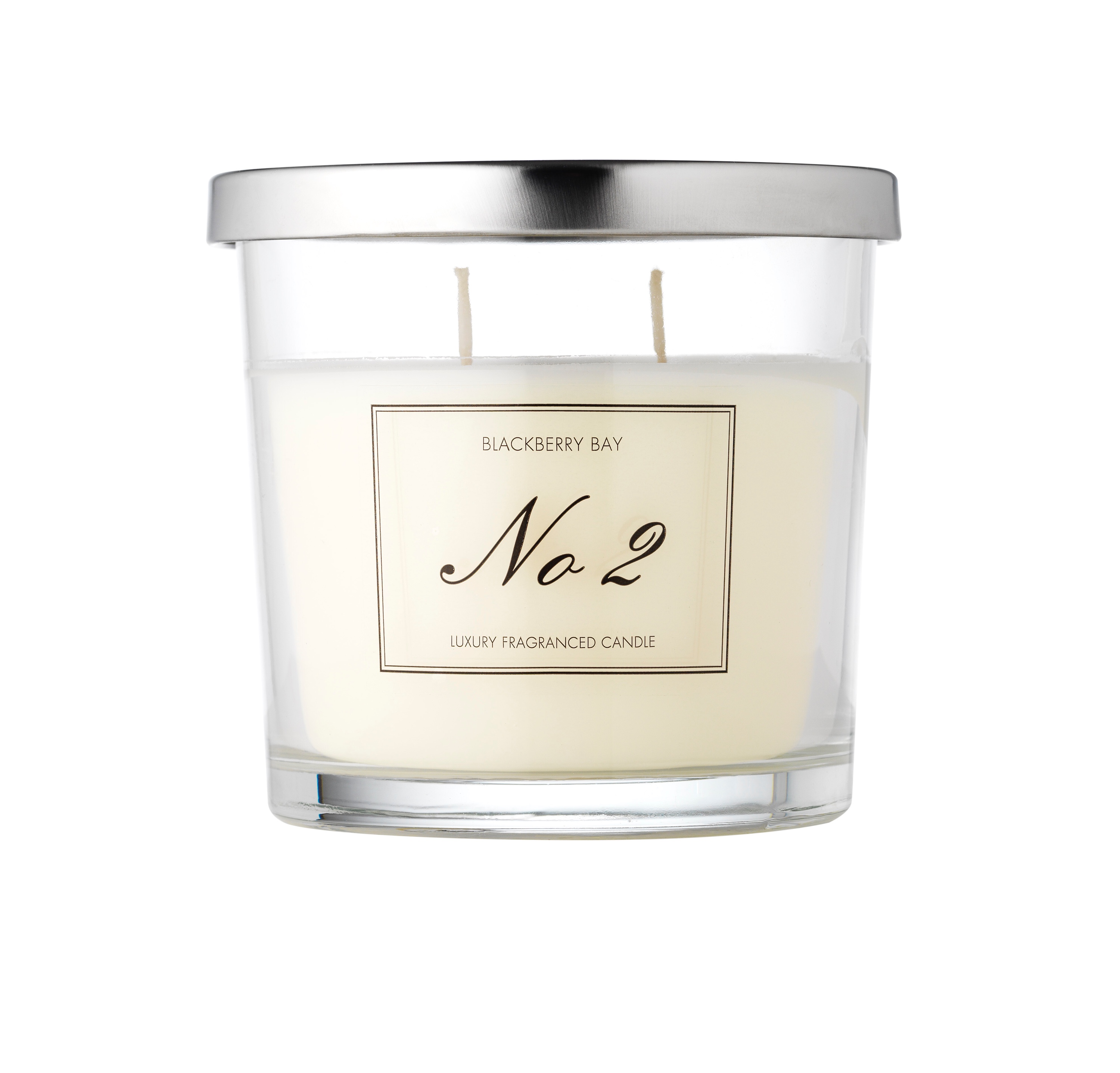 A medium glass jar full of some white coloured wax with a label that has No.2 written in large cursive black writing and Blackberry Bay written in smaller black writing on it, on a white background.