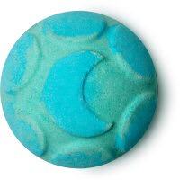 A bright blue coloured spherical bath bomb with some hexagonal detailing and a crescent engraved on the top of it, on a white background.