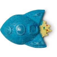 A blue rocket shaped bath bomb with some windows and some fire on it, on a white background.