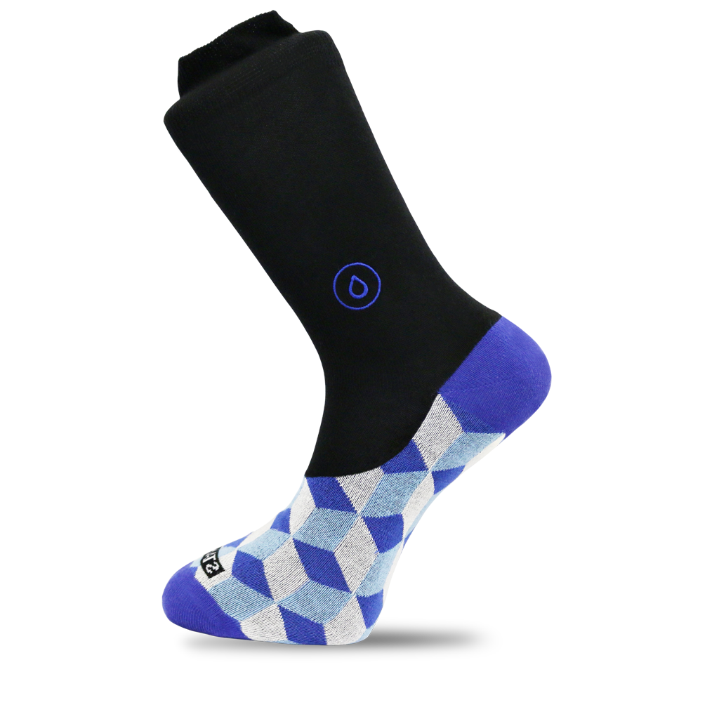 A tall black sock with a dark blue heel and a grey, blue and white pattern on the front of it, on a white background.