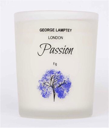 A tall white box that has George Lamptey London written in black writing, Passion written in cursive pink writing, Fig written in smaller Black writing and a picture of a small Pink Fig tree on it, on a white background.
