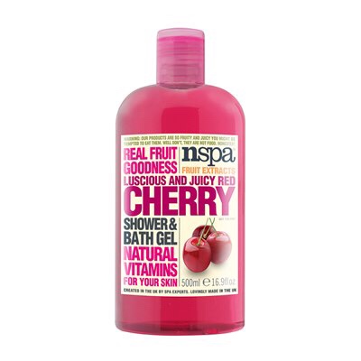 A tall cylindrical plastic bottle full of some dark pink liquid with a white label that has NSPA written in bold black writing, cherry Shower & Bath Gel written in bold red writing, and a picture of a Cherry on it, on a white background.