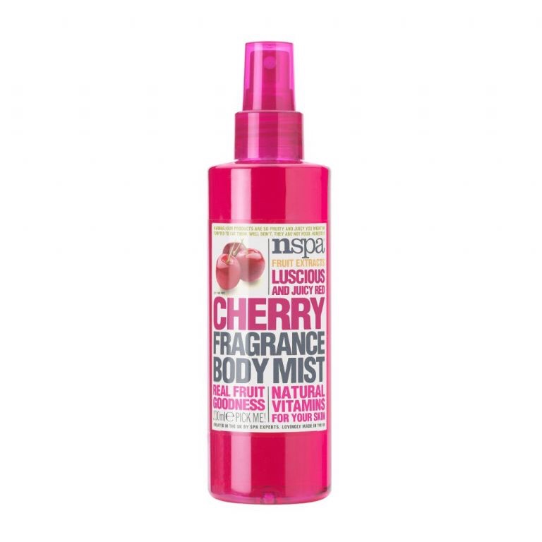A tall thin cylindrical red plastic bottle with a white label that has NSPA written in bold black writing, Cherry Fragrance Body Mist written in bold red writing, and a picture of a cherry on it, on a white background.