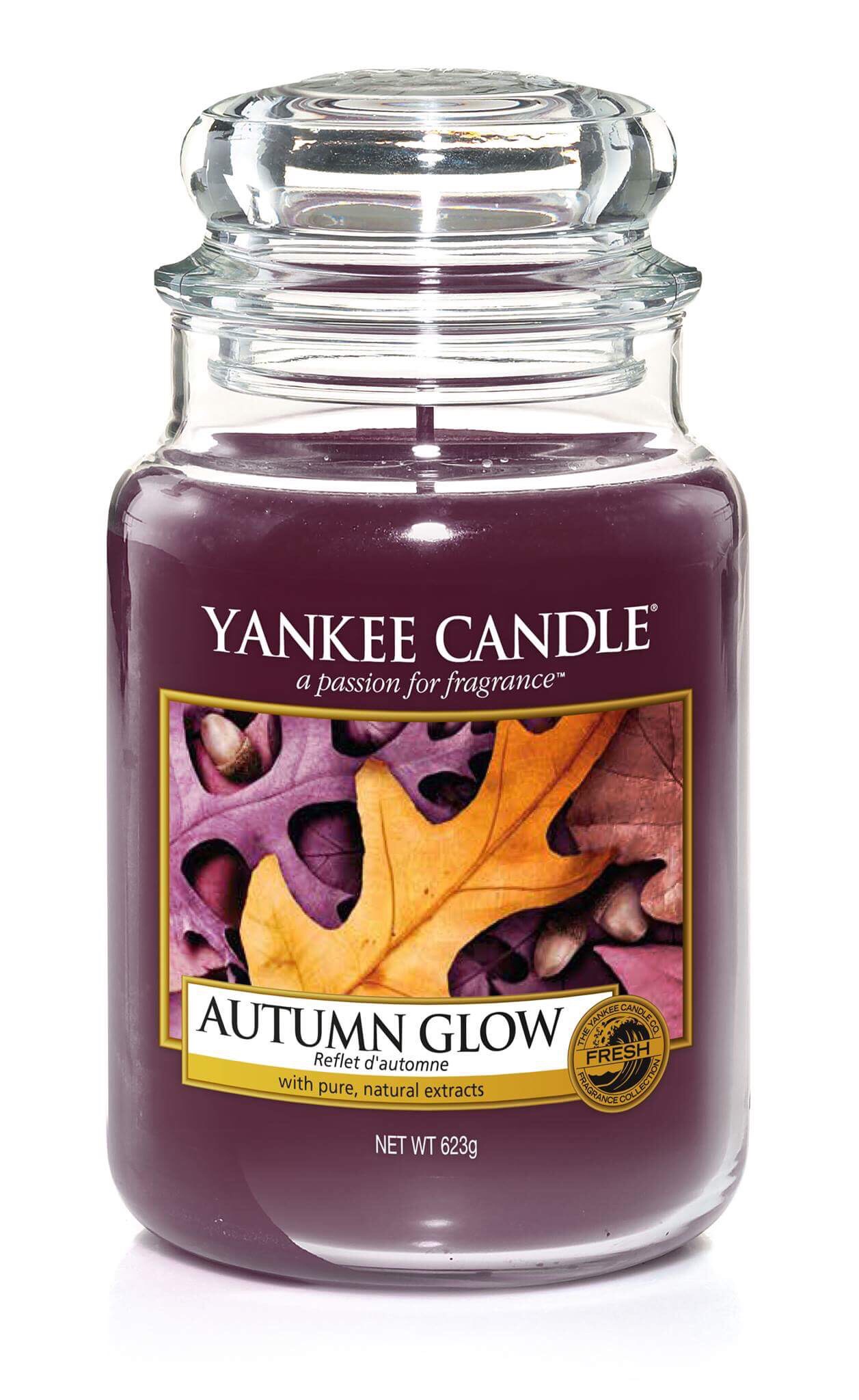 A tall glass Jar full of some dark blue coloured wax with a label that has yankee candle written in black writing, Autumn Glow written in black writing, and a picture of some orange and brown leaves on it, on a bright background.