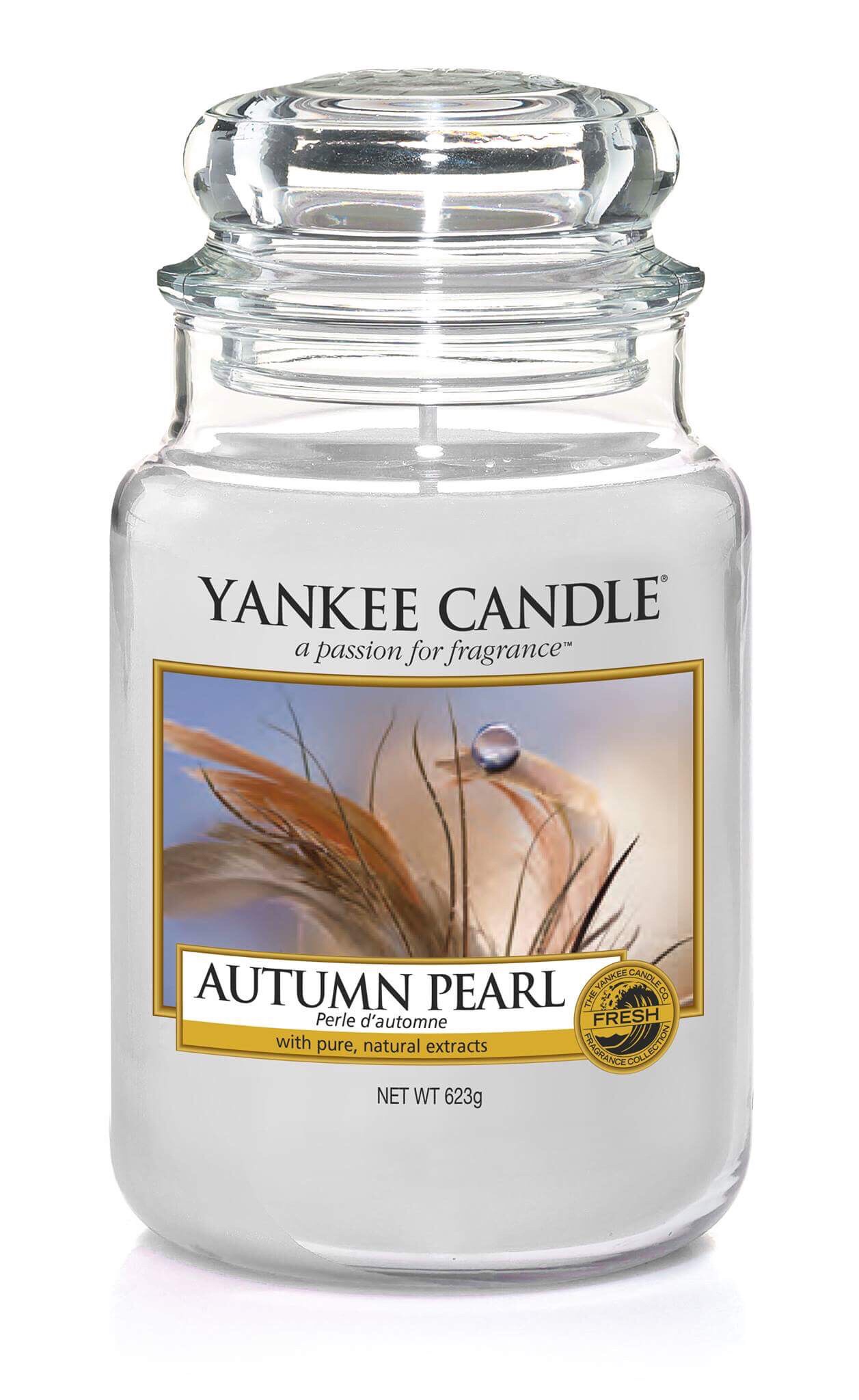 A tall glass Jar full of some bright white coloured wax with a label that has yankee candle written in black writing, Autumn Pearl written in black writing, and a picture of some snow covered branches on it, on a bright background.