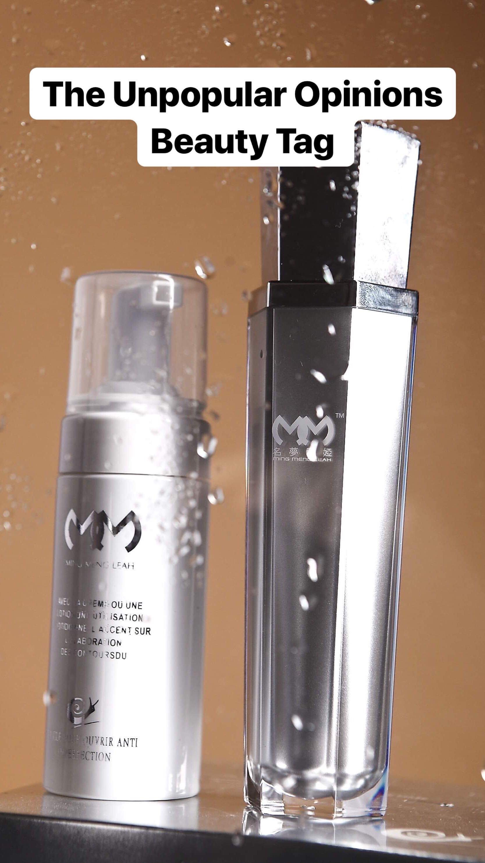 A tall cylindrical clear Glass bottle with a silver lid next to a tall cylindrical clear glass bottle with a clear plastic pump lid that has the Unpopular Opinions Beauty Tag written in bold black writing underneath them, on a white background.