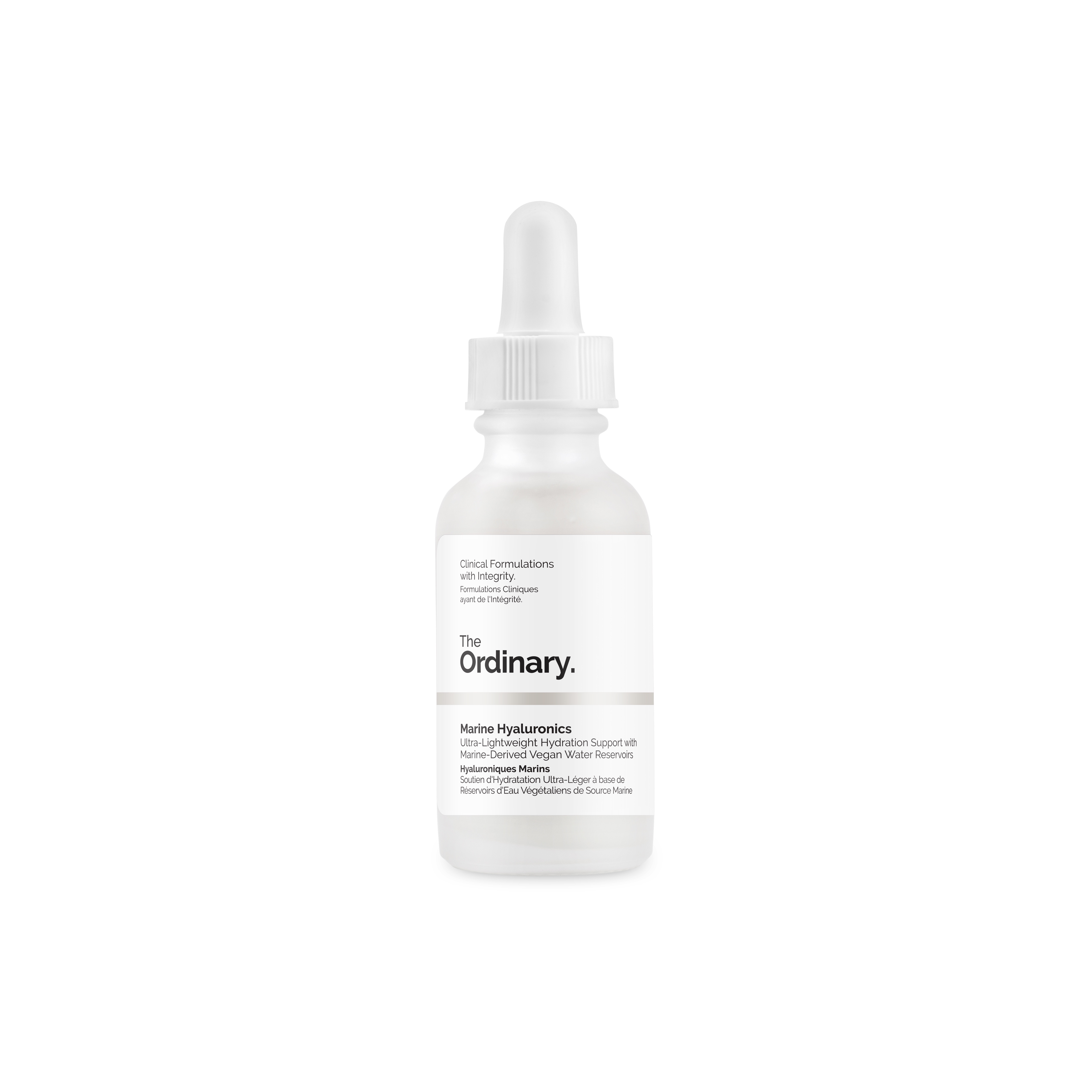 A short cylindrical clear glass bottle full of some bright white liquid with a white pipette lid and a white label that has The Ordinary Marine Hyaluronics written in bold black writing on it, on a white background.