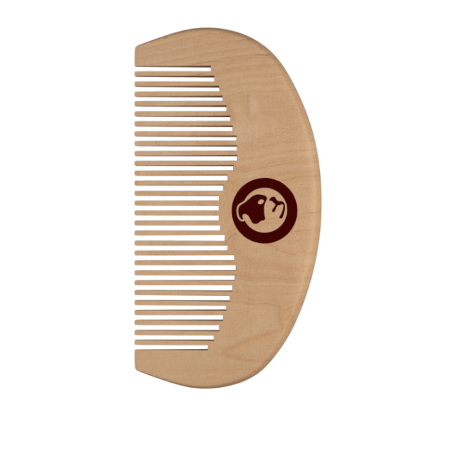 A large semi-circular dark wooden beard comb, on a white background.