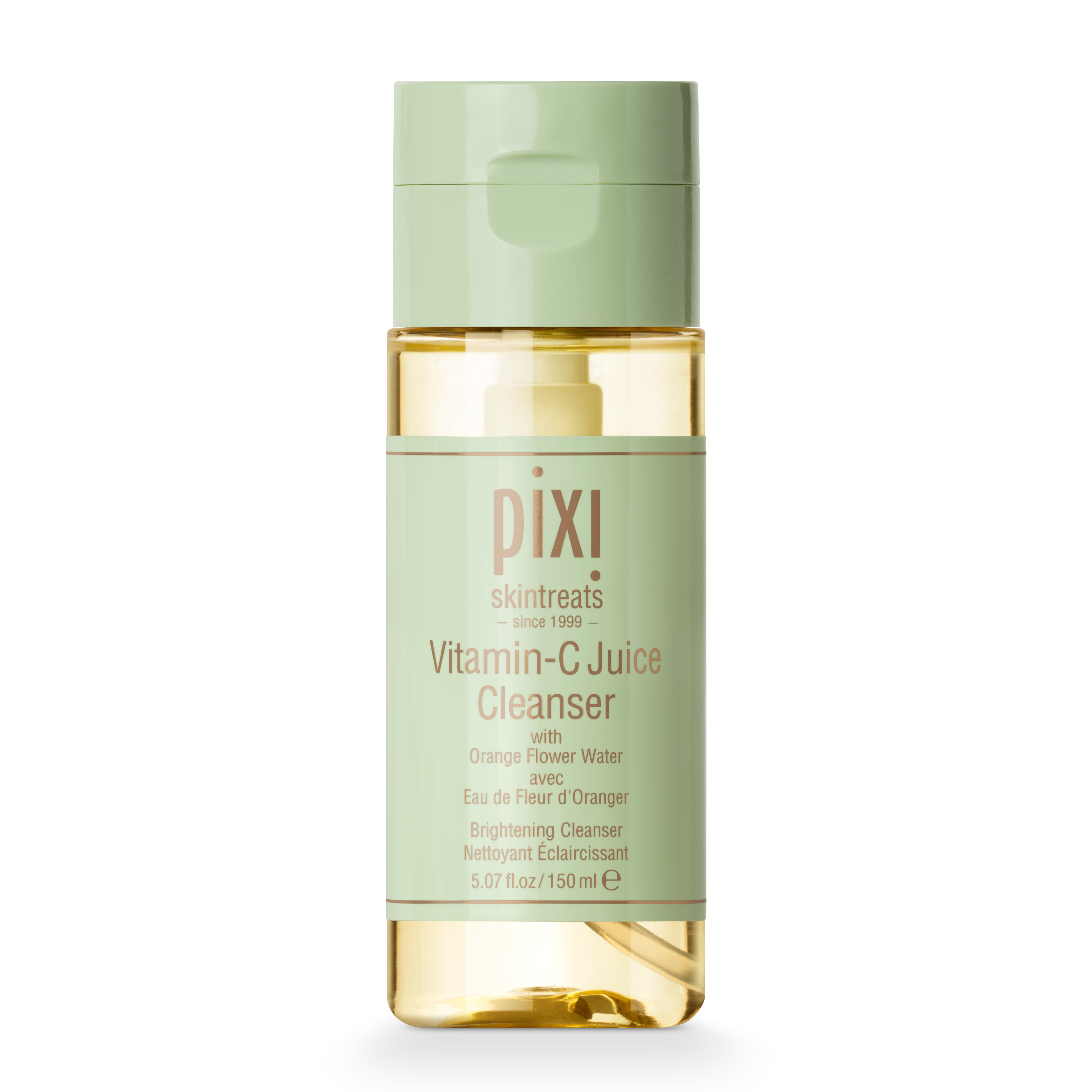 A tall cylindrical beige plastic bottle full of some clear liquid with a green label that has Pixi Vitamin C Juice Cleanser written in bold gold writing on it, on a white background.