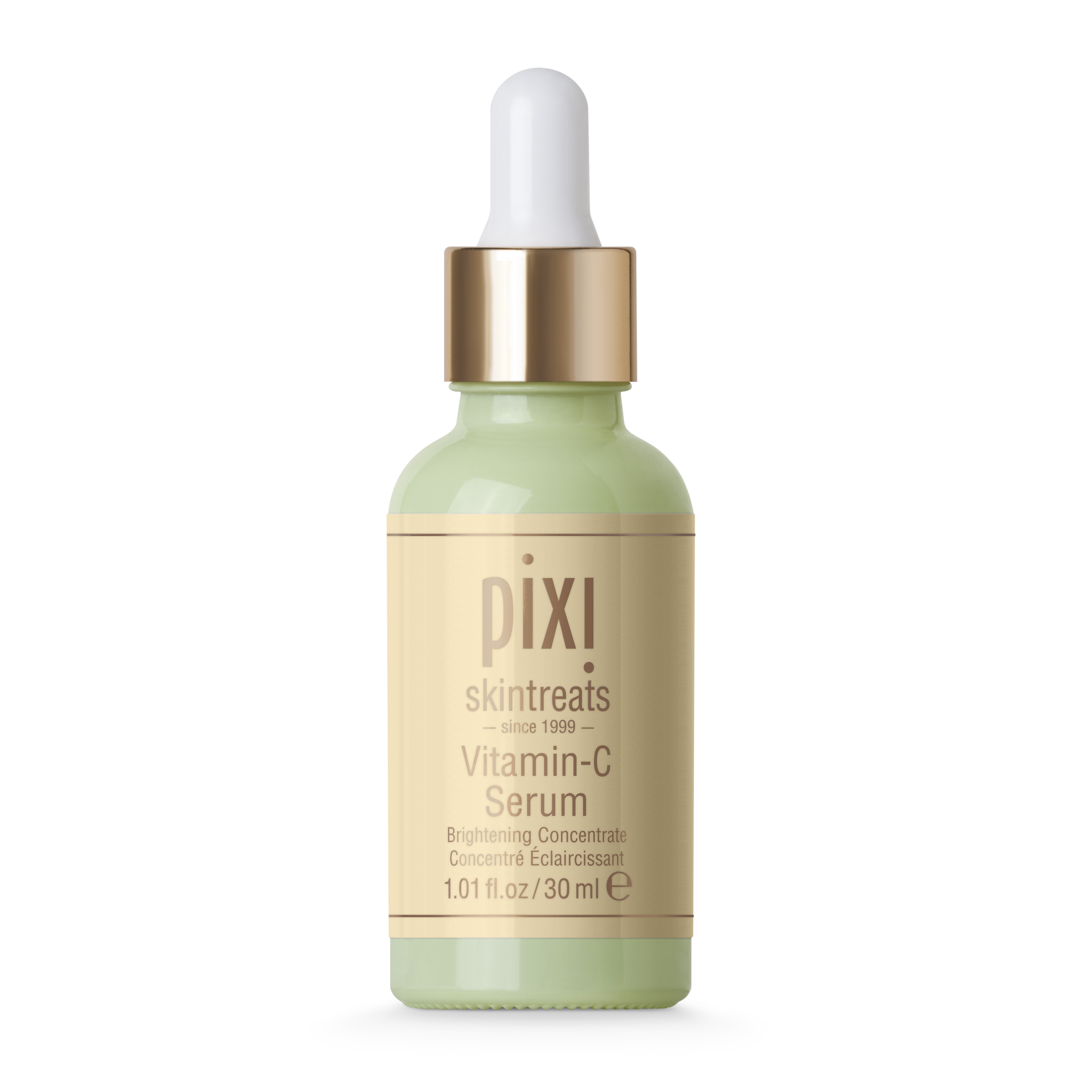 A short cylindrical clear glass bottle with a rubber pipette lid and a green label that has Pixi Vitamin C Serum written in bold gold writing on it, on a white background.