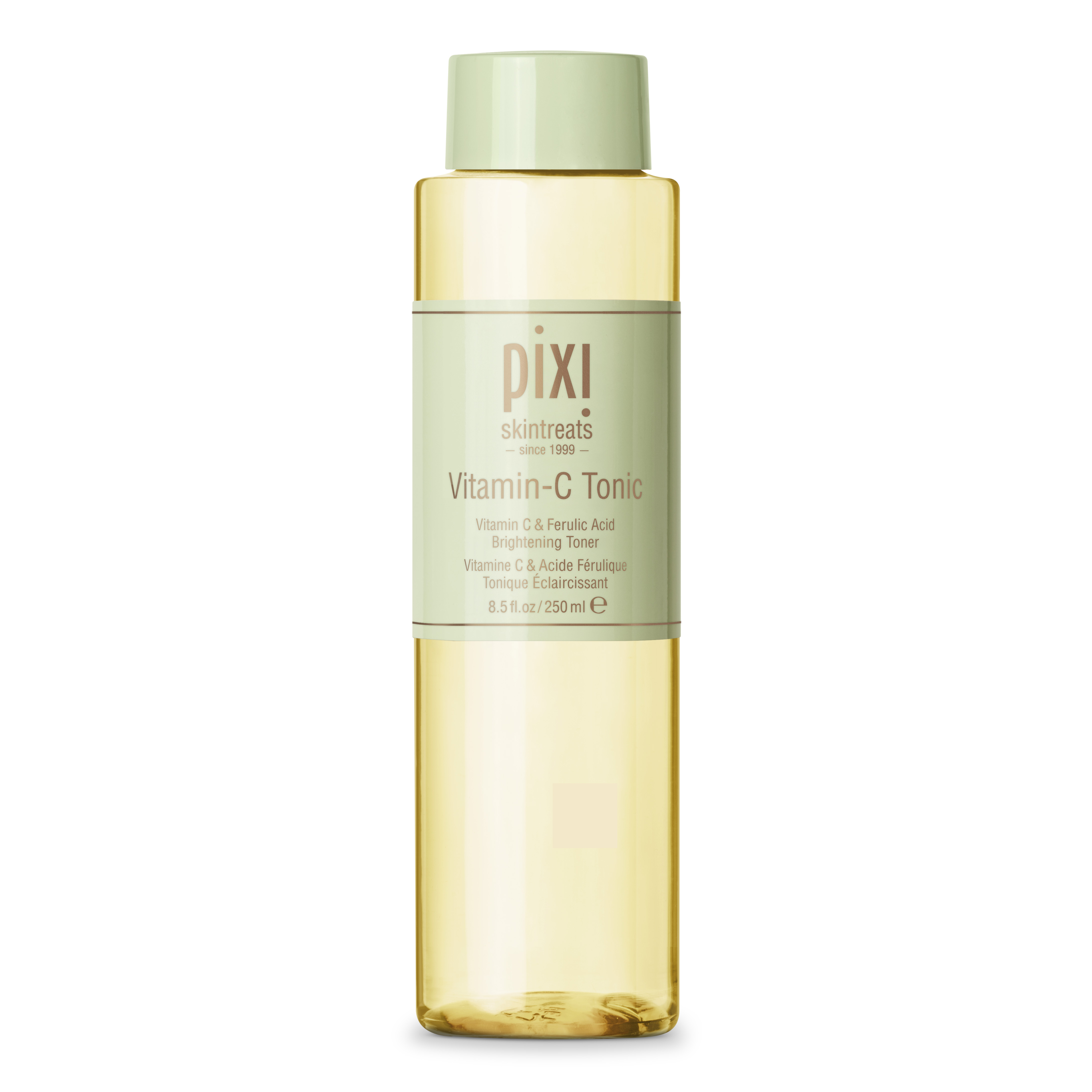 A tall cylindrical beige plastic bottle full of some clear liquid with a green label that has Pixi Vitamin C Tonic written in bold gold writing on it, on a white background.