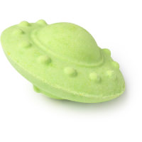 A short cylindrical flat green flying saucer, on a white background.