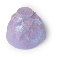 A short cylindrical glittery Purple cone with some leaves engraved on top of it, on a white background.