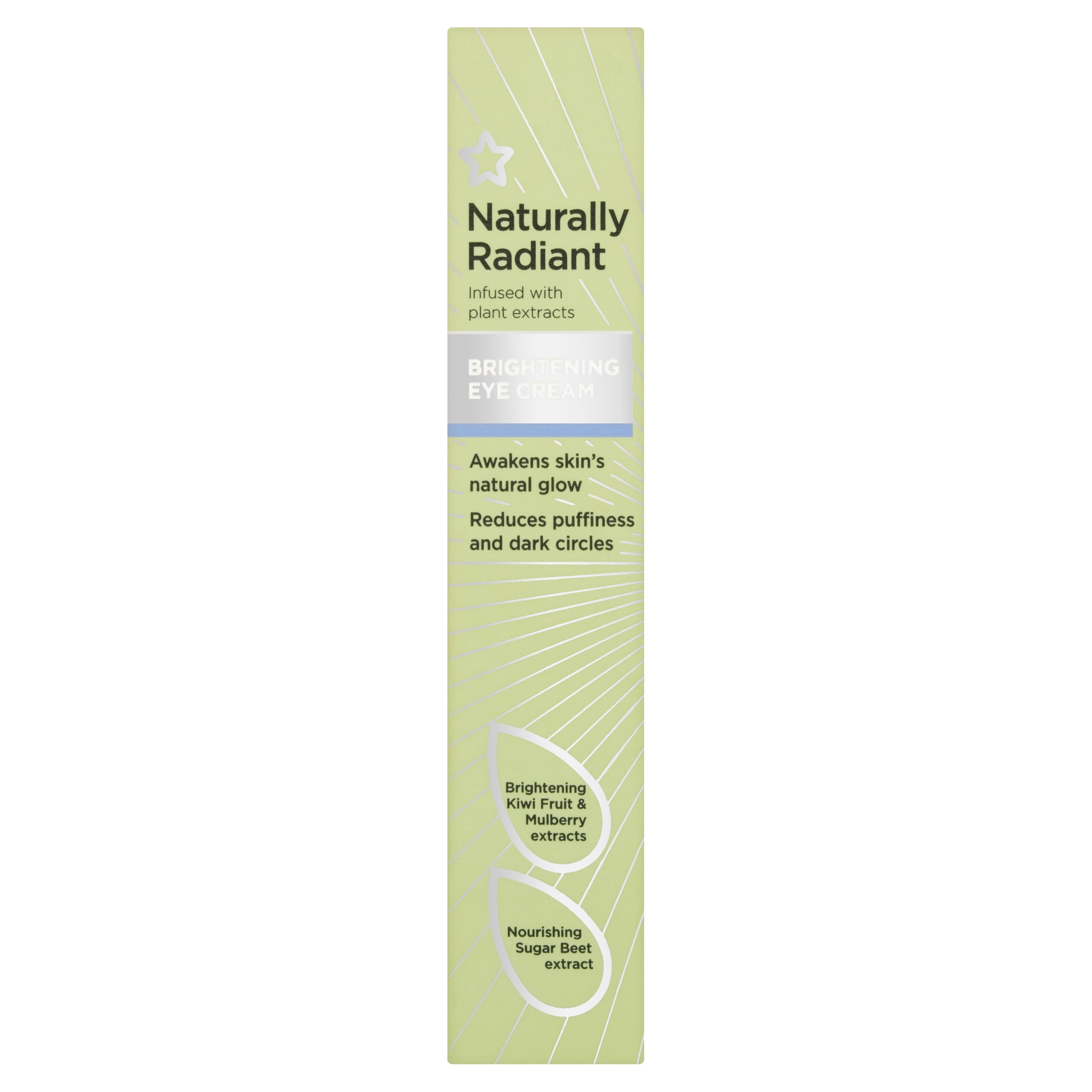 A tall thin dark green cardboard box that has Superdrug Naturally Radiant Brightening Eye Cream written in bold black writing and some bright white lines on it, on a white background.