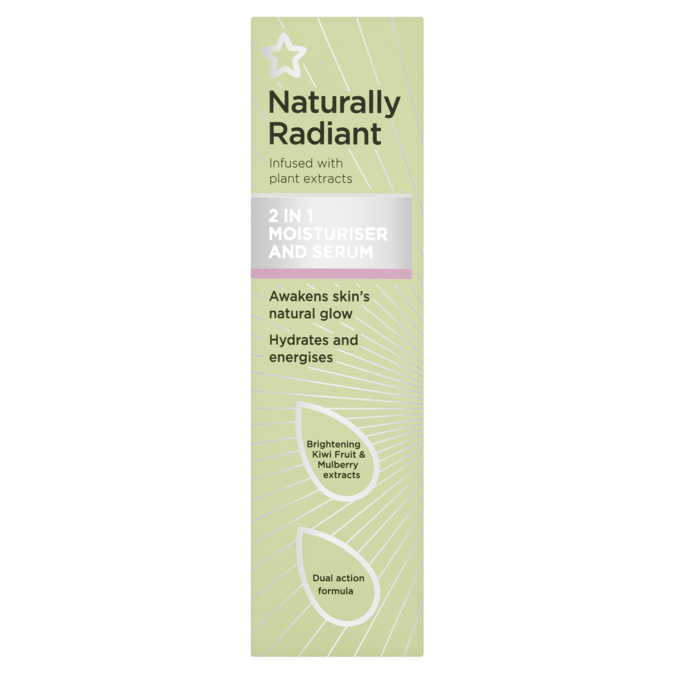 A tall wide dark green cardboard box that has Superdrug Naturally Radiant 2 in 1 Moisturiser & Serum written in bold black writing and some bright white lines on it, on a white background.