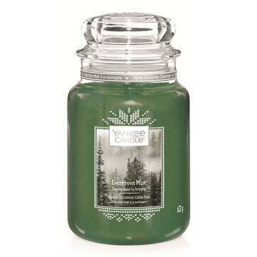 A tall glass jar full of some pale green wax with a label that has Yankee Candle written in black writing, Evergreen Mist written in white writing, and a picture of some green coloured air on it, on a white background.