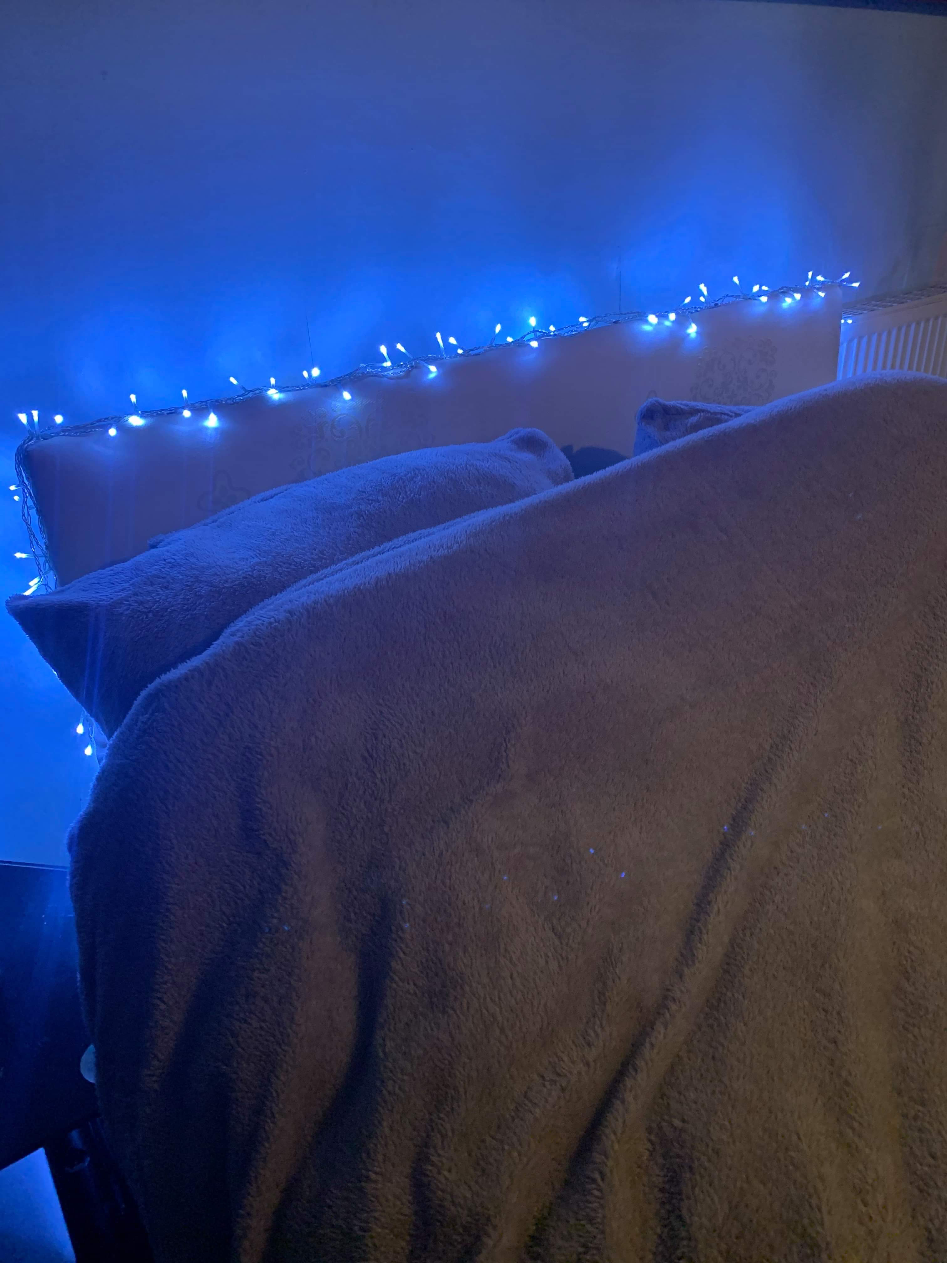 Some spherical bright white fairy lights on a black string wrapped around a white rectangular headboard attached to a large rectangular double bed covered in some fluffy beige bedding, on a white background.