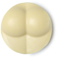 A large circular block of bright white solid oil that has a 3d bum on it, on a white background.