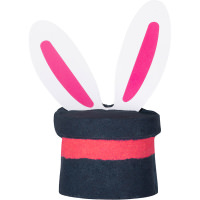 A large dark grey top hat shaped bath bomb that has a bright orange stripe around it and some white paper bunny ears coming out of the top of it, on a white background.