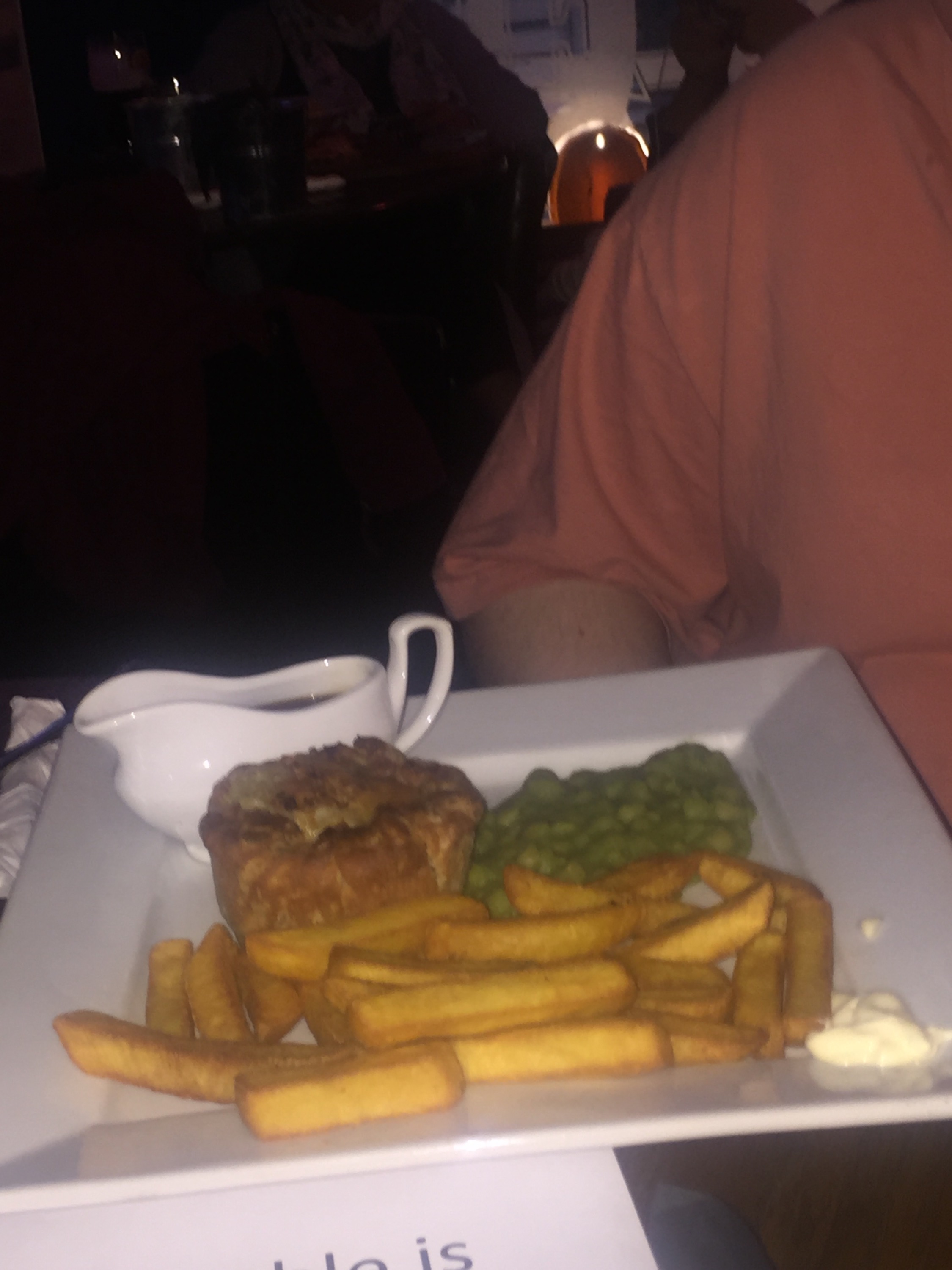 Shooters Sports Bar Tonga Pie with Chips, Mushy Peas, and Gravy.