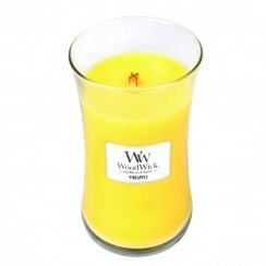 Cracking Summer Scents | WoodWick Candles Pineapple and Lemon Candles A tall white wax candle in a glass jar.