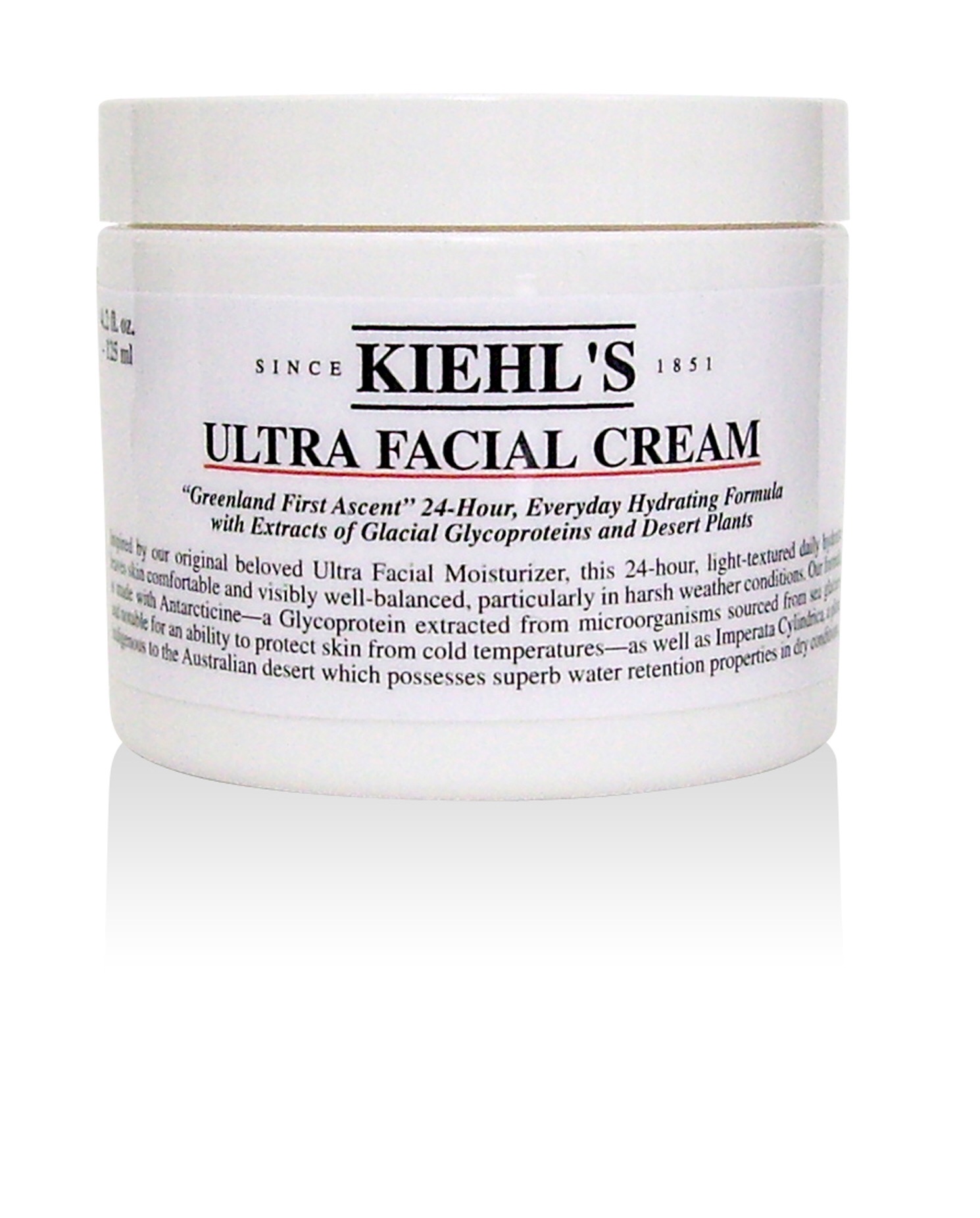 A white tub, with a white label saying Kiels Ultra Facial Moisturiser, on a white background.