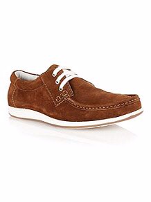A brown shoe with white laces and a white sole, on a white background.