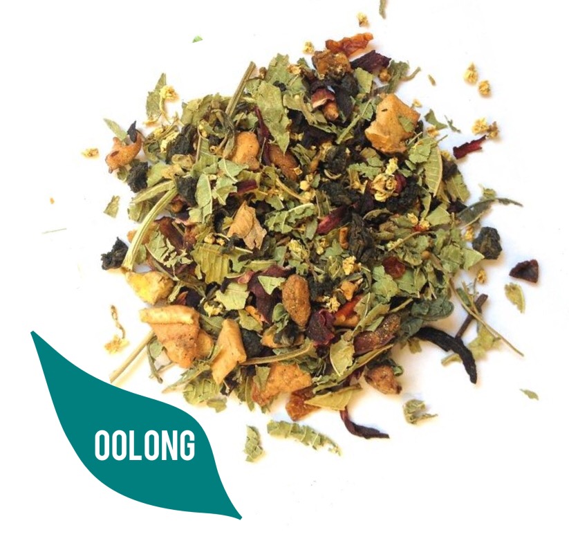Tea Tastes Terrific | Bluebirrd Tea Company Elderflower Champagne Some green tea leaves, with a green label saying Olong, on a white background.