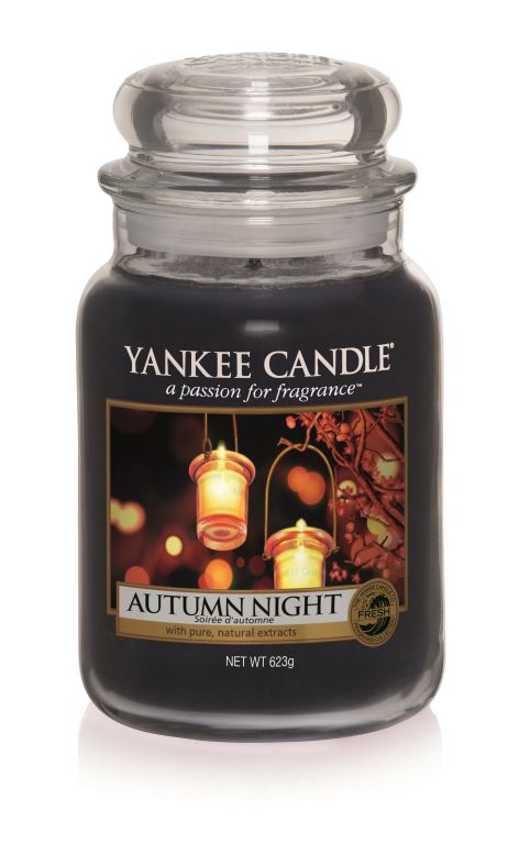 Good Night Sweetheart, Still My Love Will Guide You | The Yorkshire Soap Company Night Night Sweetheart Tin Candle A tall glass jar full of Purple wax, with a label with a picture of some dark candle lights and Autumn Night written on the label, on a white background.