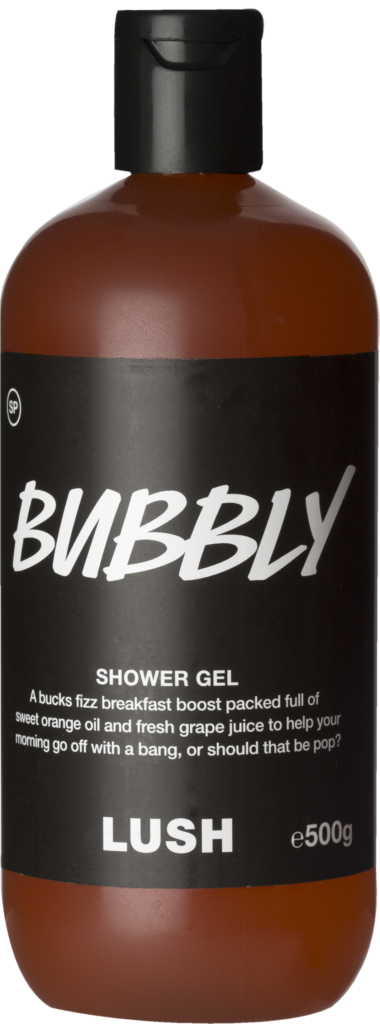 A dark orange liquid in a black bottle, with Bubbly shower gel, a small description and a Lush logo written in white text on the bottle, on a white background.