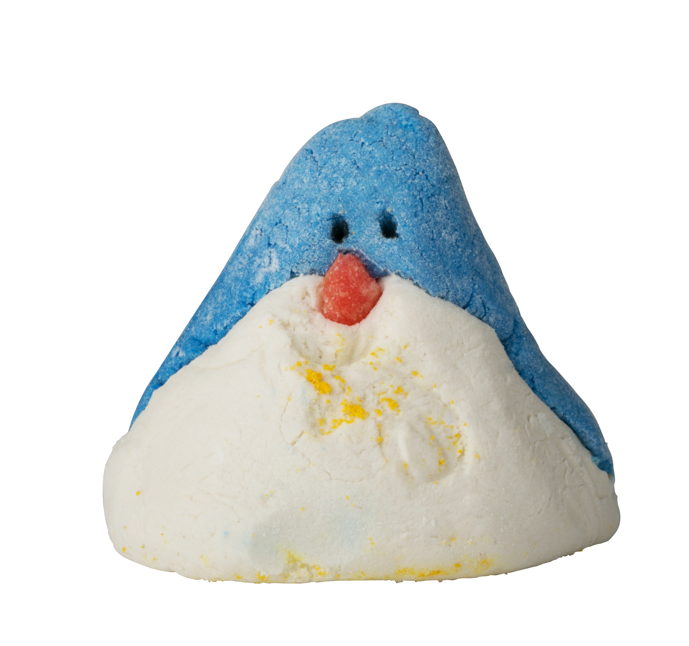 A Flippin' Good Smelling Christmas | Lush 2016 Christmas Range A triangular blue bubble bar with two small black dots for eyes, a white and yellow stomach, and a red nose.