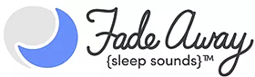 A blue and white moon, next to some dark cursive writing saying FadeAway with Sleep Sounds in block writing below it, on a white background.