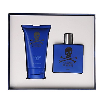 The Bluebeards Revenge Cooling Moisturiser, Luxury Shaving Cream, and Post Shave Balm Two dark blue bottles, in a cream box, with a black lid, on a white background.