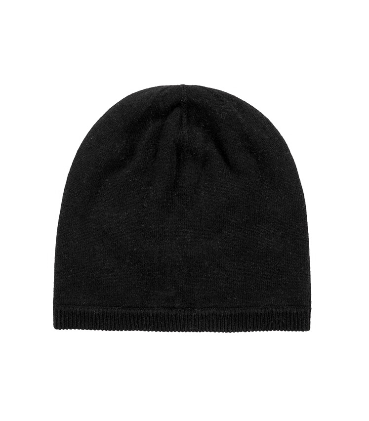 Luxury In Leeds | Victoria Quarter A black wool beanie hat, on a white background.