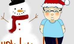 A white snowman with some Black eyes, an Orange carrot nose and some black twig arms wearing a black hat, a dark red scarf and some red buttons, stood next to a person wearing a red and white Santas' hat, a pair of black glasses, a pale blue top, a pair of black pants and a pair of black shoes, with #BlindGuyAdventures written in red writing next to them, on a pale grey background.