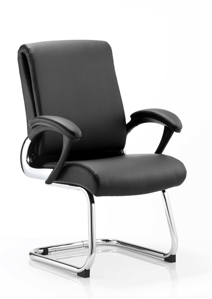 A black leather chair, with leather arms, and metal u shaped legs, on a white background.