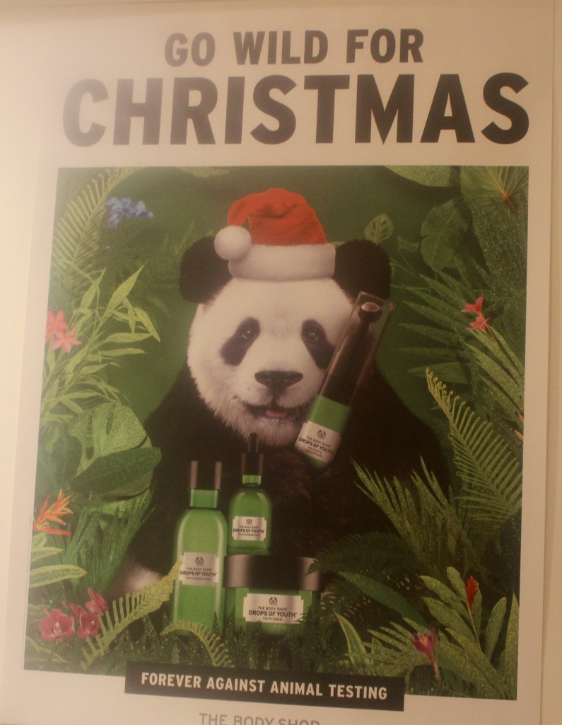 It's A Jungle Out There | The Body Shop #WildAboutLeeds Leeds Briggate Concept Store Preview A White poster, with a picture of a panda wearing a santas hat, and holding some of The Body Shop's Christmas products, on a green background, with some green text saying Go Wild About Christmas on it, on a white background.