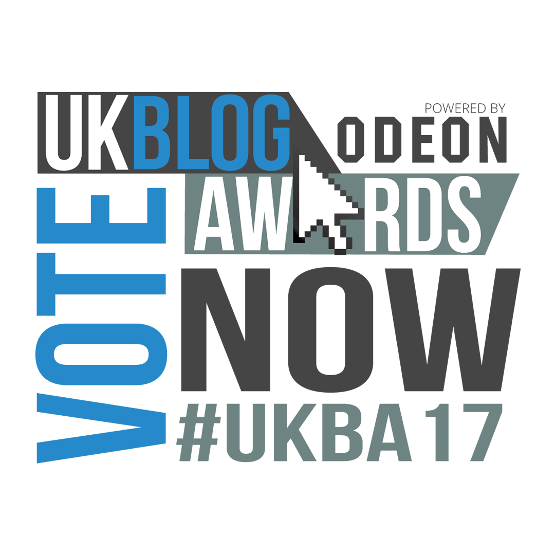 Some white and Blue writing that says UK BLOG AWARDS VOTE NOW, with #UKBA17 written in green, with the ODEON Cinema logo next to it, on a white background.