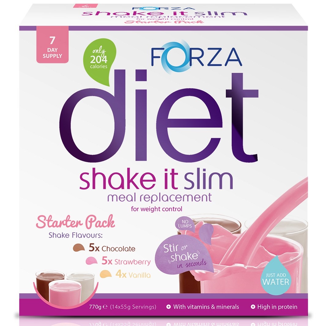 Feeling The Weight Loss Force | Forza Supplements Slenderbind Fat Binder and Shake It Slim Shakes A wide white box with Forza written in blue writing, with Shake It Slim written in green, and chocolate strawberry and vanilla written in brown, pink, and yellow writing, on a white background.