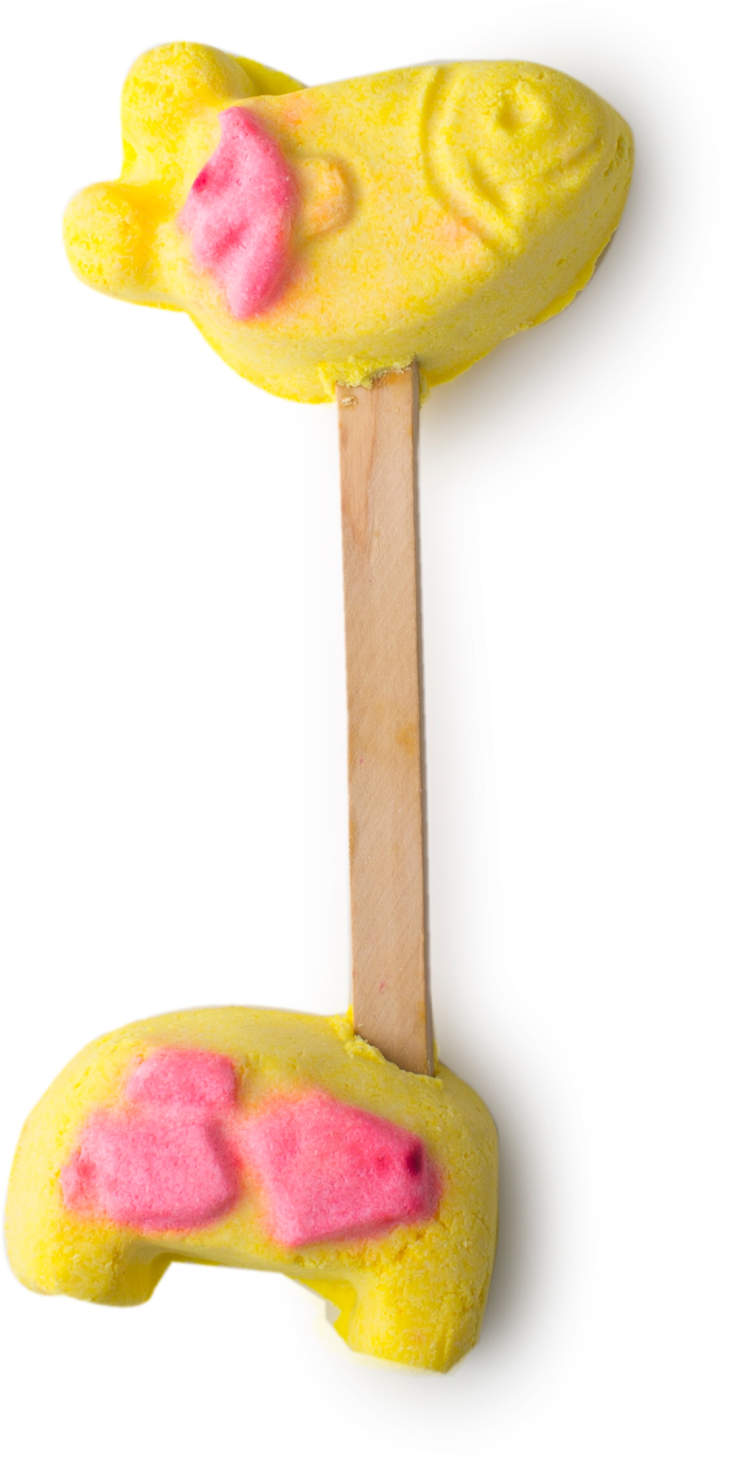 You're Having Me A Giraffe | Lush Mother's Day Range 2017 Two cut out yellow bubble bars with pink markings on them to make a face and legs secured with a tan brown rectangular lollipop stick, on a white background.