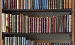 A large wide dark brown wooden bookcase filled with some thin books with different coloured covers, on a dark background.